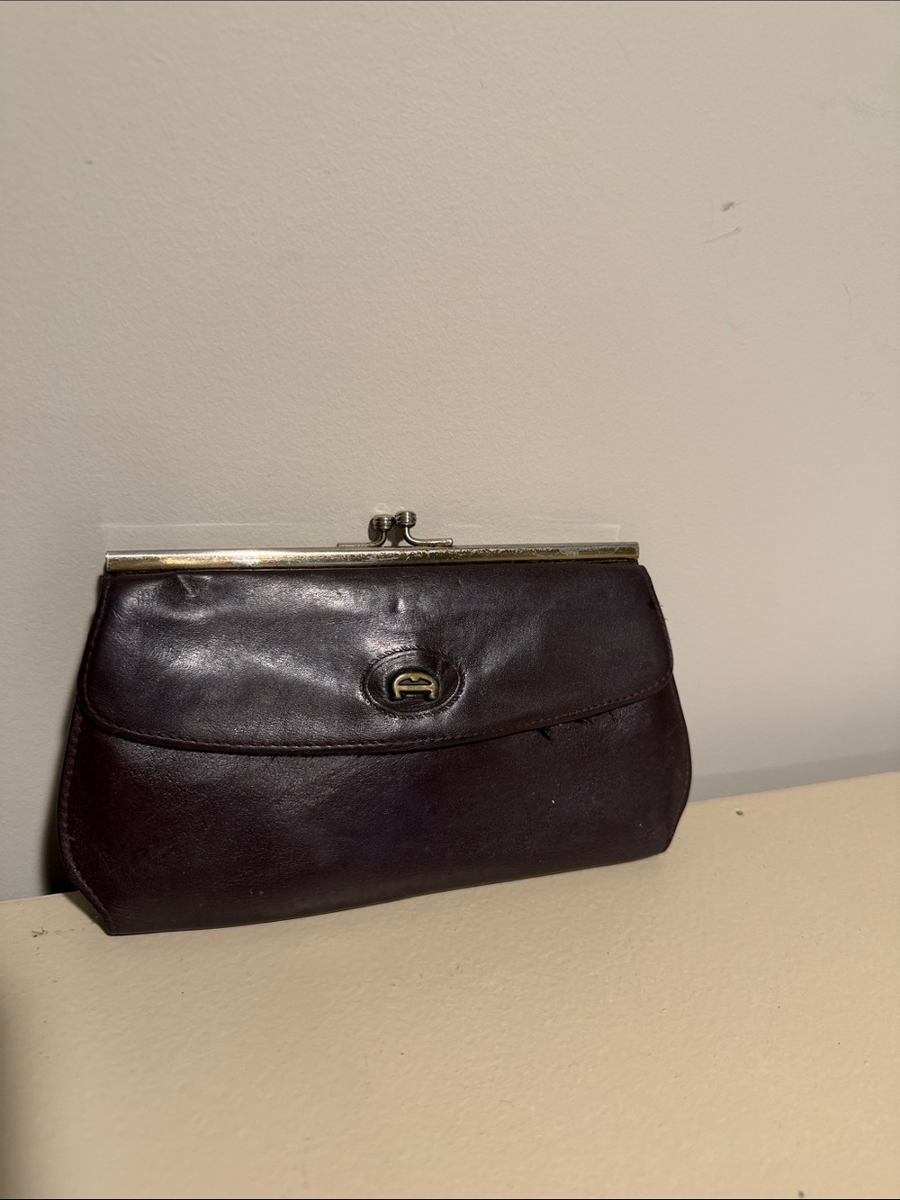 Etienne Aigner Dark Brown Leather Kiss-Lock Clutch with Gold-Tone Accent